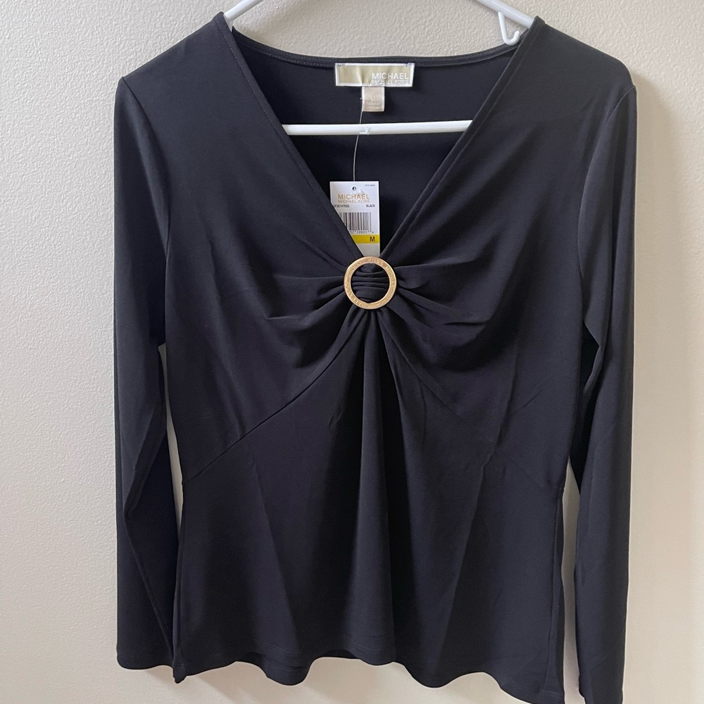 Michael Kors Women's Twist Front, Black Blouse Long Sleeve Sz M